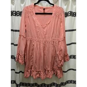 European Culture light pink flare sleeve v-neck mini skater dress with ruffles